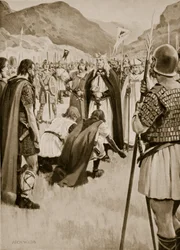 Il consiglio di Dacor, 926, quando Atelstano scacciò Guthfrith, il giovane re della Northumbria danese, illustrazione da «Storia della nazione britannica di Hutchinson», 1923 circa
